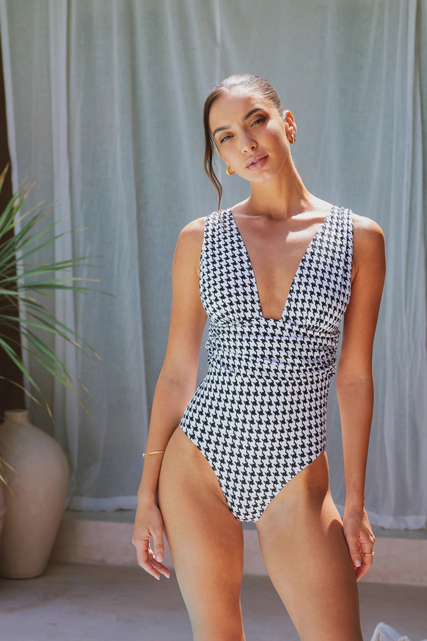 Houndstooth Ruched One Piece